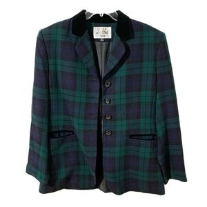 Le Suite Petite Plaid Blazer Velvet Collar/Trims Four Button Front Lined 💙💚🖤